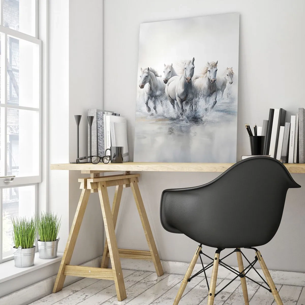 Glasbild - Bild auf glas - Weiße Pferde galoppieren durch Wasser in einer dynamischen Komposition - 50x70cm - Weiße Magie - Moderne Wanddekoration für Wohnzimmer und Schlafzimmer ARTTOR