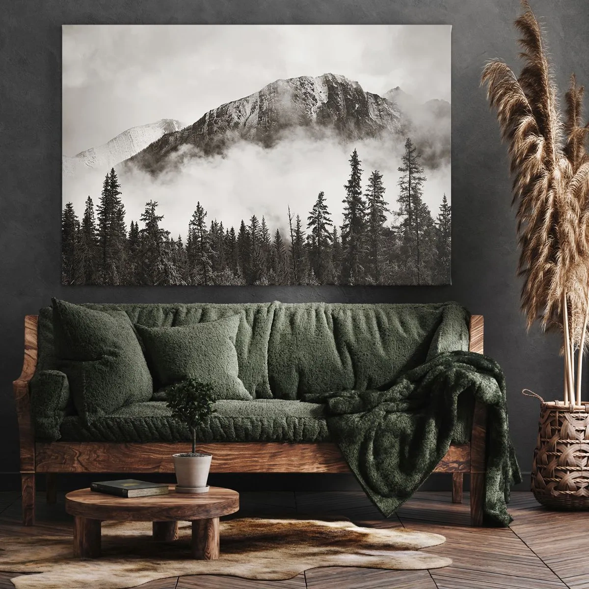 Bild auf Leinwand - Leinwandbild - Ein malerischer Berggipfel, umgeben von Nebel und einem sepiafarbenen Wald - 70x50cm - Lineal aus Granit - Moderne Wanddekoration für Wohnzimmer und Schlafzimmer ARTTOR