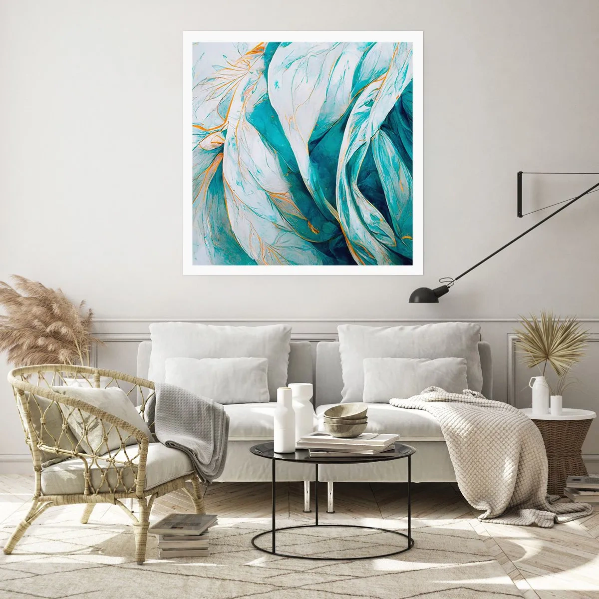 Poster - Blaue Abstraktion mit goldenem Motiv - 40x40 cm