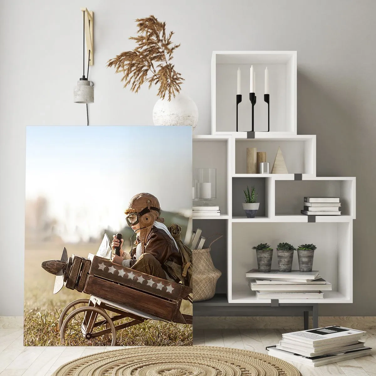 Glasbild - Bild auf glas - Ein Kind in einem Holzflugzeug, das in Fliegerkleidung vorgibt, ein Pilot zu sein. - 50x70cm - Start in Richtung eines Traums - Moderne Wanddekoration für Wohnzimmer und Schlafzimmer ARTTOR