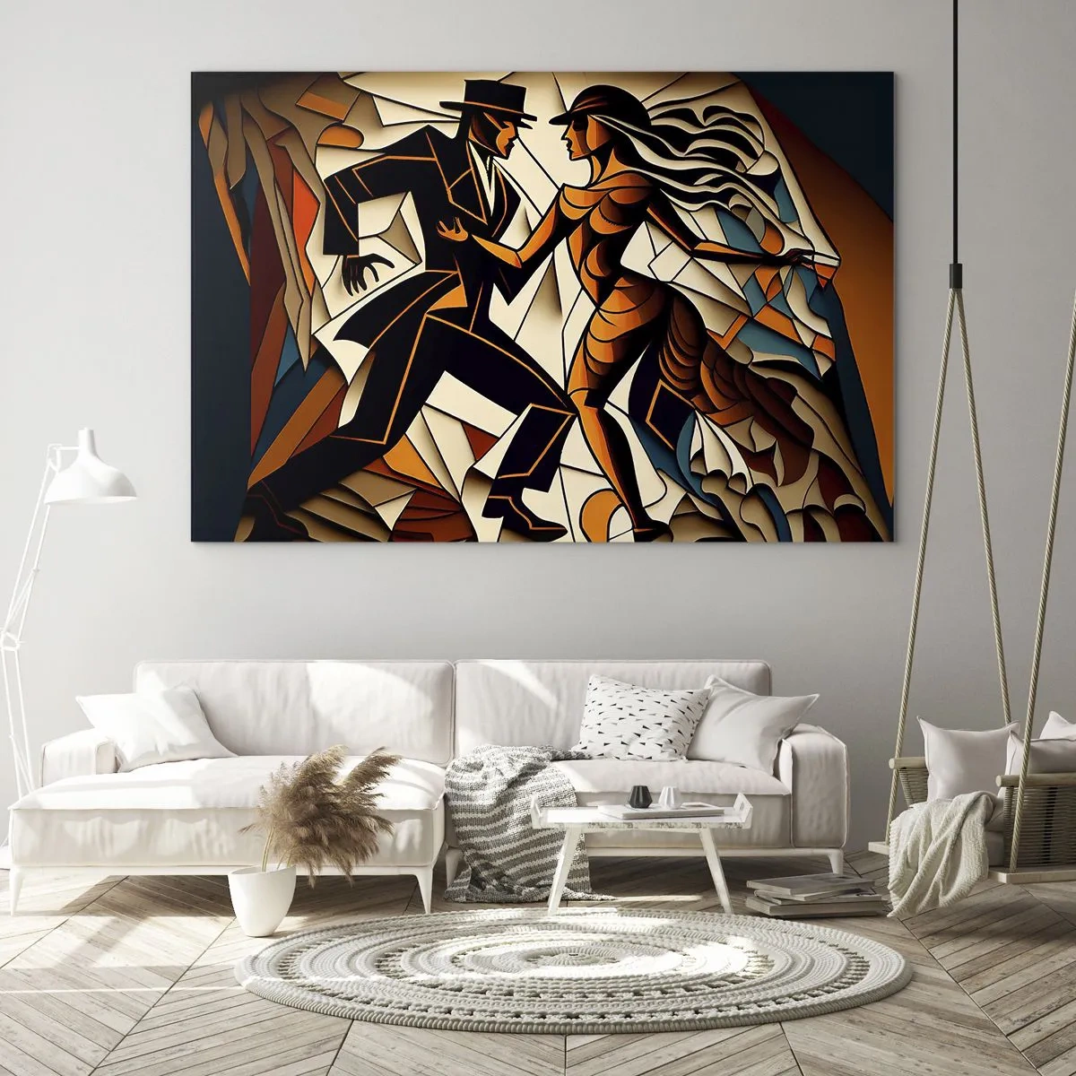 Glasbild - Bild auf glas - Ein stilisiertes Paar, das in einer dynamischen abstrakten Form tanzt. - 70x50cm - Tanz der Passion und Leidenschaft - Moderne Wanddekoration für Wohnzimmer und Schlafzimmer ARTTOR