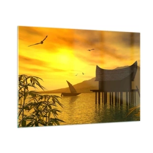 Glasbild - Bild auf glas - Sonnenuntergang über dem See mit einem Haus auf Stelzen - 100x70cm - Der ersehnte Frieden - Moderne Wanddekoration für Wohnzimmer und Schlafzimmer ARTTOR