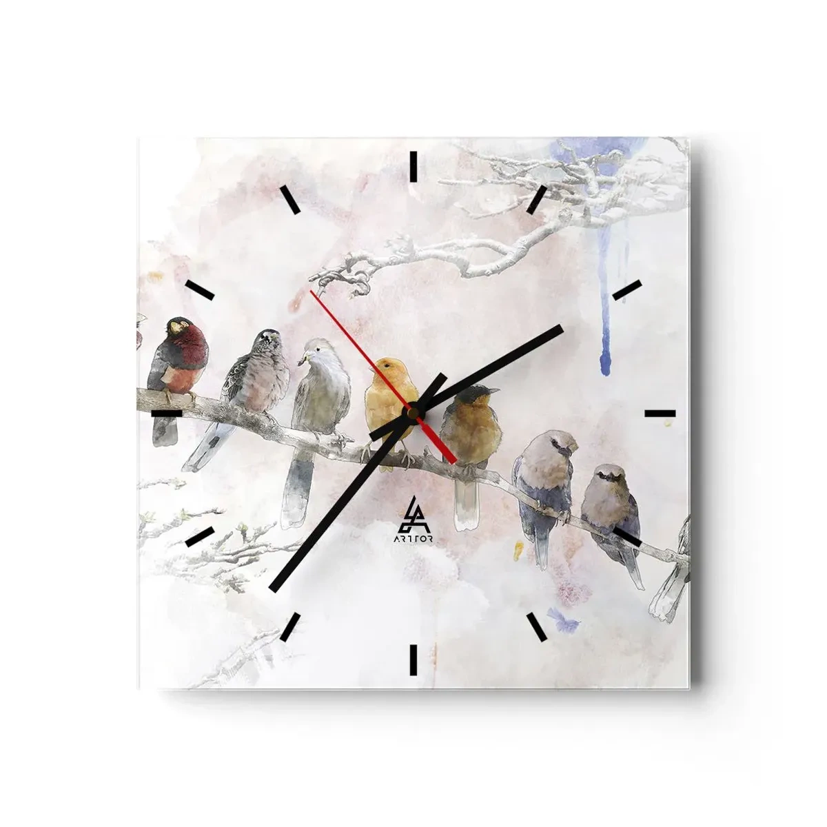 Wanduhr - Glasuhr - Bunte Vögel auf einem Ast im Aquarellstil - 30x30cm - Geflügeltes Treffen - Moderne Wanddekoration für Wohnzimmer und Schlafzimmer ARTTOR