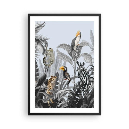 Poster in einem schwarzem Rahmen - Bunte tropische Tiere zwischen den Dschungelblättern - 50x70cm - Afrikanisches Märchen - Moderne Wanddekoration für Wohnzimmer und Schlafzimmer ARTTOR