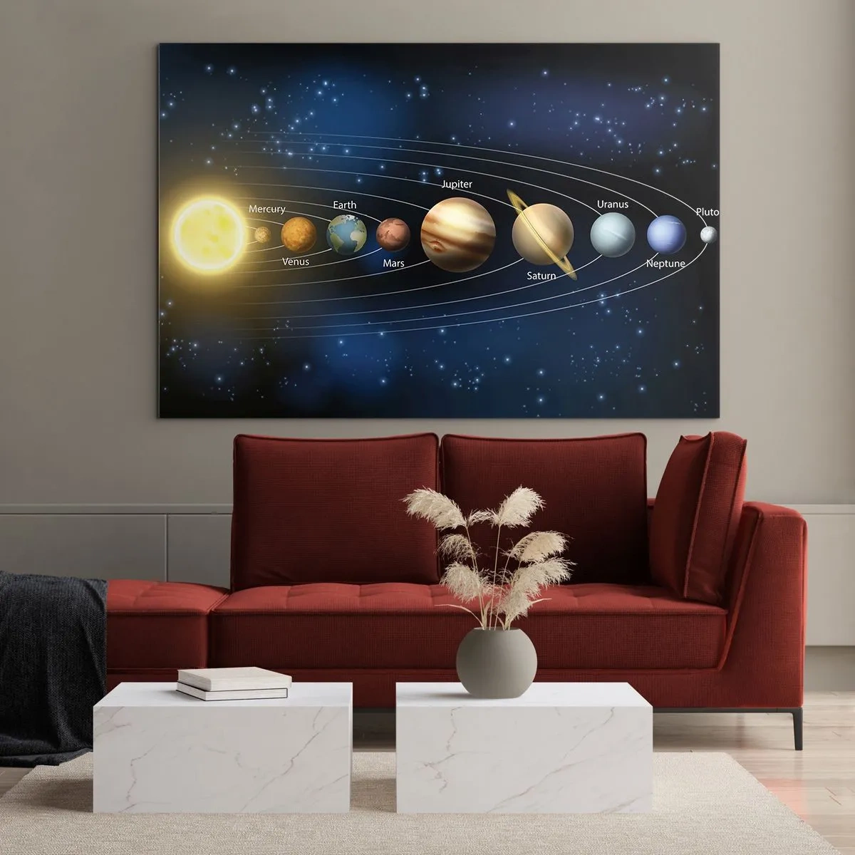 Glasbild - Bild auf glas - Das Sonnensystem mit Planeten und Sternen im Hintergrund - 70x50cm - Einer von zehn - Moderne Wanddekoration für Wohnzimmer und Schlafzimmer ARTTOR