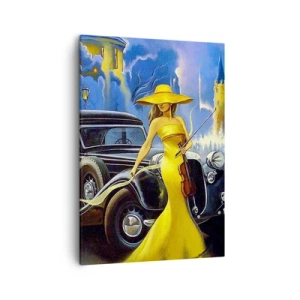 Bild auf Leinwand - Leinwandbild - Eine Frau in einem gelben Kleid mit einer Geige neben einem Retro-Auto. - 50x70cm - Nocturne für Violine und Liebe - Moderne Wanddekoration für Wohnzimmer und Schlafzimmer ARTTOR