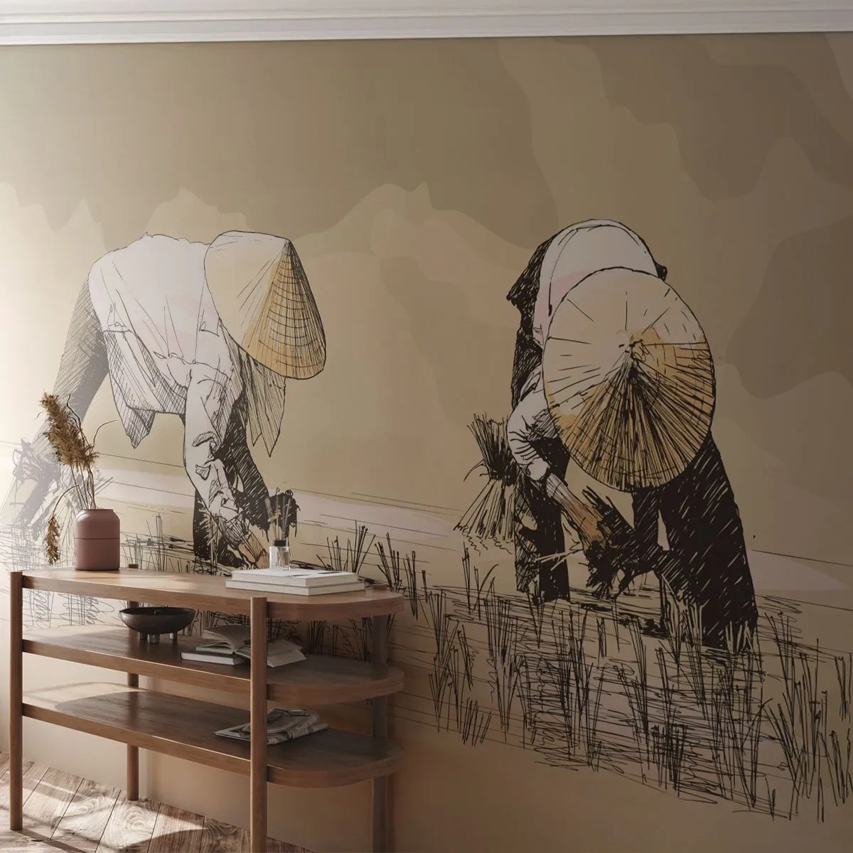 Fototapete Premium Sand - Eine Zeichentrickszene mit der Arbeit auf einem Reisfeld - 100x70cm - Erfolgreiche Ernte - Moderne Wanddekoration für Wohnzimmer und Schlafzimmer ARTTOR