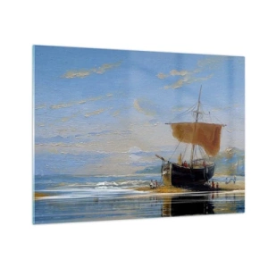 Glasbild - Bild auf glas - Ein Schiff mit Segel am Ufer im malerischen Stil - 70x50cm - Wasser, Land, Luft - Moderne Wanddekoration für Wohnzimmer und Schlafzimmer ARTTOR