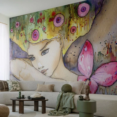 Fototapete Premium Canvas - Schmetterlingsprinzessin - Abstraktion, Frau, Aquarelle - 500x350 cm