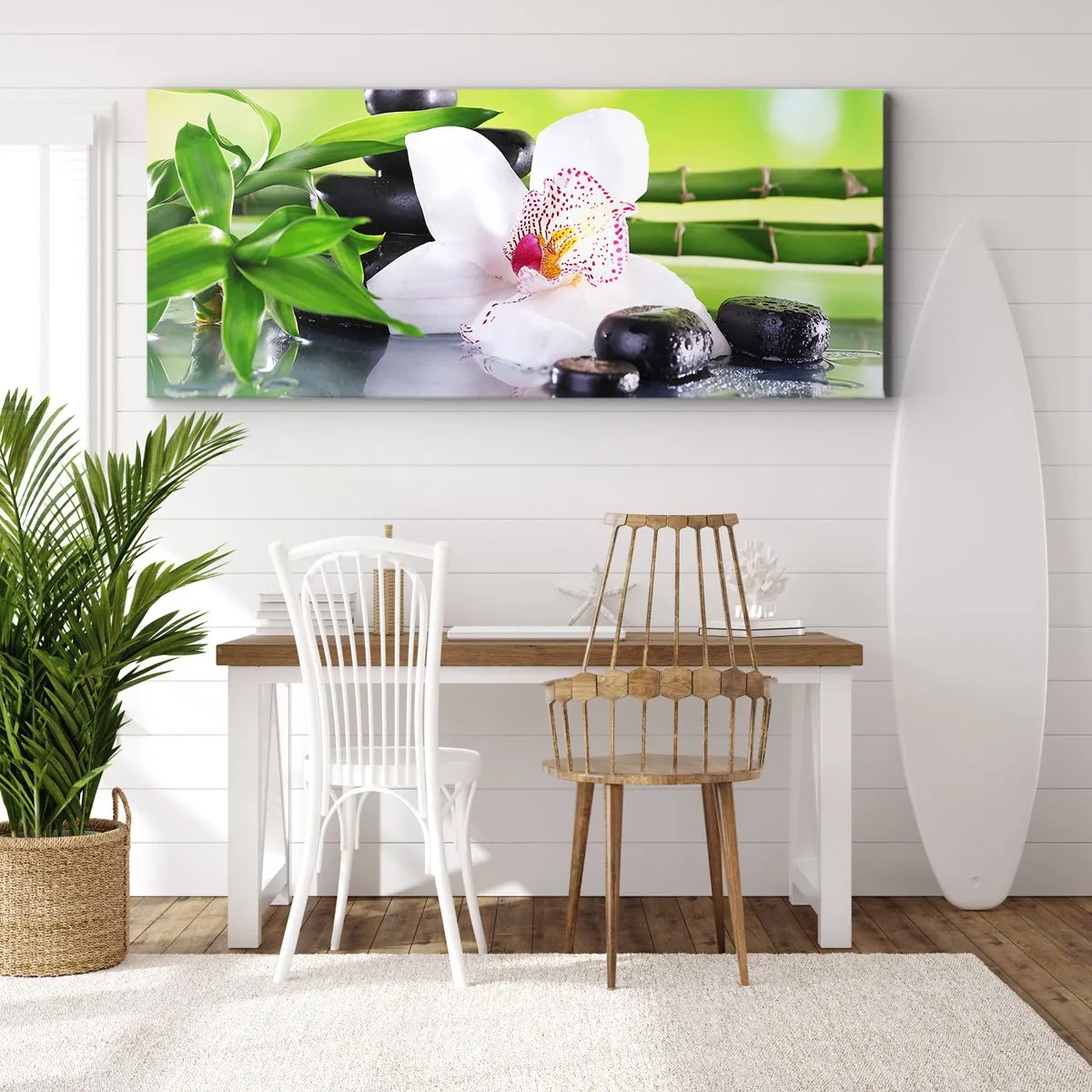 Bild auf Leinwand - Leinwandbild - Orchidee, Steine und Bambus in einer harmonischen Spa-Komposition - 140x50cm - Kühle Frische - Moderne Wanddekoration für Wohnzimmer und Schlafzimmer ARTTOR