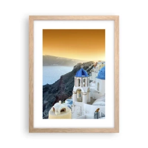 Poster in einem Rahmen aus heller Eiche - Santorini - an die Felsen gekuschelt - 30x40 cm