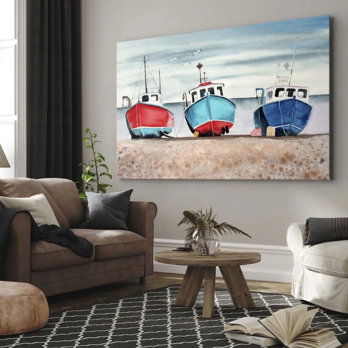 Bild auf Leinwand - Leinwandbild - Bunte Fischerboote am Ufer in einer Meereslandschaft - 120x80cm - Bereit zum Fang - Moderne Wanddekoration für Wohnzimmer und Schlafzimmer ARTTOR