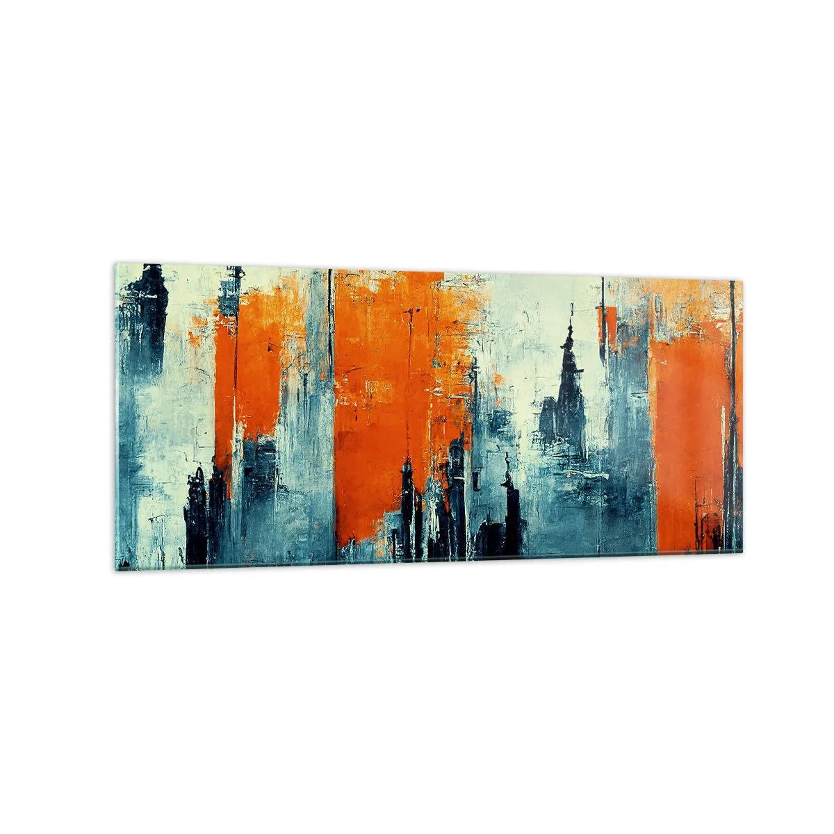 Glasbild - Bild auf glas - Abstrakte Stadtlandschaft in Orange- und Blautönen - 120x50cm - Moderne Landschaft - Moderne Wanddekoration für Wohnzimmer und Schlafzimmer ARTTOR