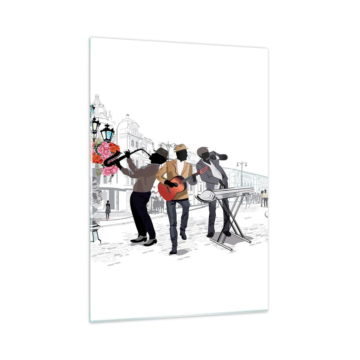Glasbild - Bild auf glas - Eine Jazzband spielt auf der Straße - 50x70cm - Straßenmusik - Moderne Wanddekoration für Wohnzimmer und Schlafzimmer ARTTOR
