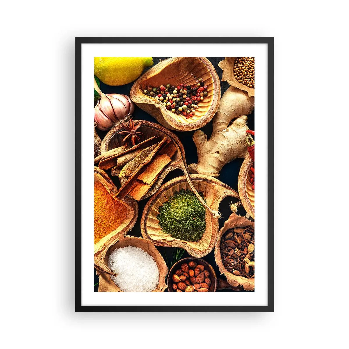 Poster in einem schwarzem Rahmen - Nahaufnahme von Gewürzen in natürlichen Behältern - 50x70cm - Nimm was du willst - Moderne Wanddekoration für Wohnzimmer und Schlafzimmer ARTTOR