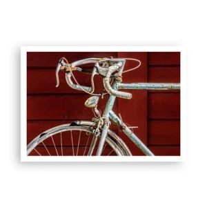 Poster - Ein Vintage-Fahrrad vor einer roten Holzwand - 100x70cm - Geschaffen um zu siegen - Moderne Wanddekoration für Wohnzimmer und Schlafzimmer ARTTOR