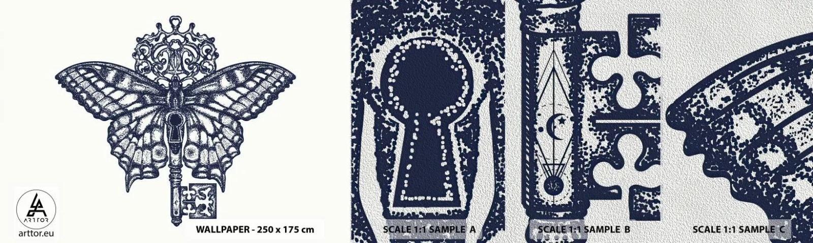 Fototapeten Muster Premium Sand - Alle Geheimnisse des Herzens - Abstraktion, Schmetterling, Schlüssel - 100x30 cm