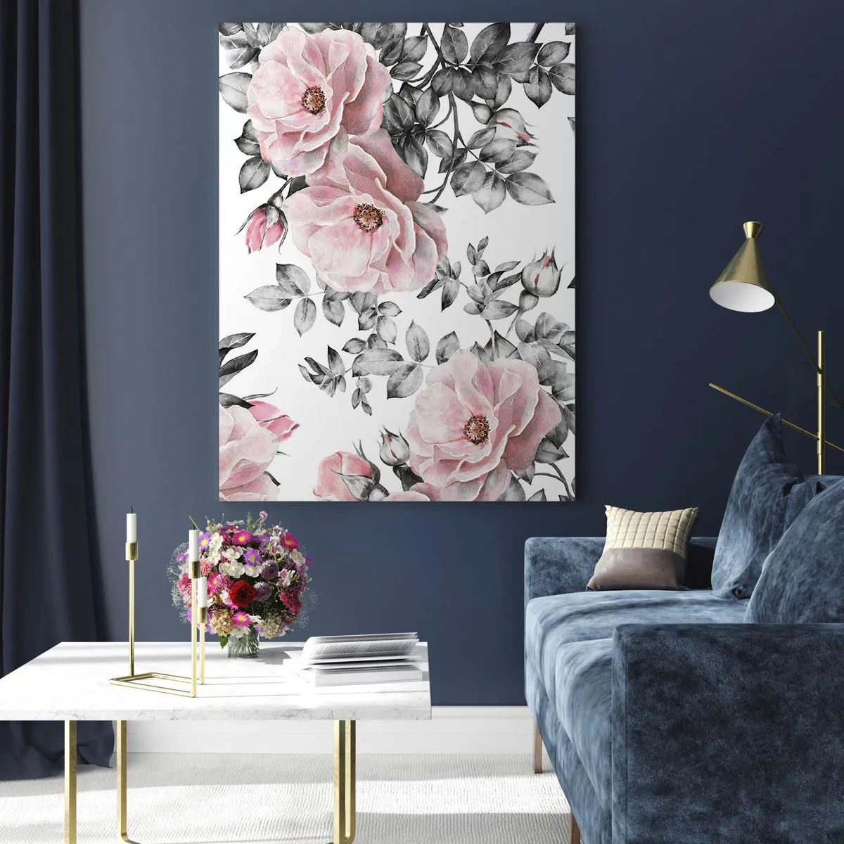 Glasbild - Bild auf glas - Rosa Rosen und Blätter auf einem zarten schwarz-weißen Hintergrund - 80x120cm - Verliere dich in den Blüten der Rosen - Moderne Wanddekoration für Wohnzimmer und Schlafzimmer ARTTOR
