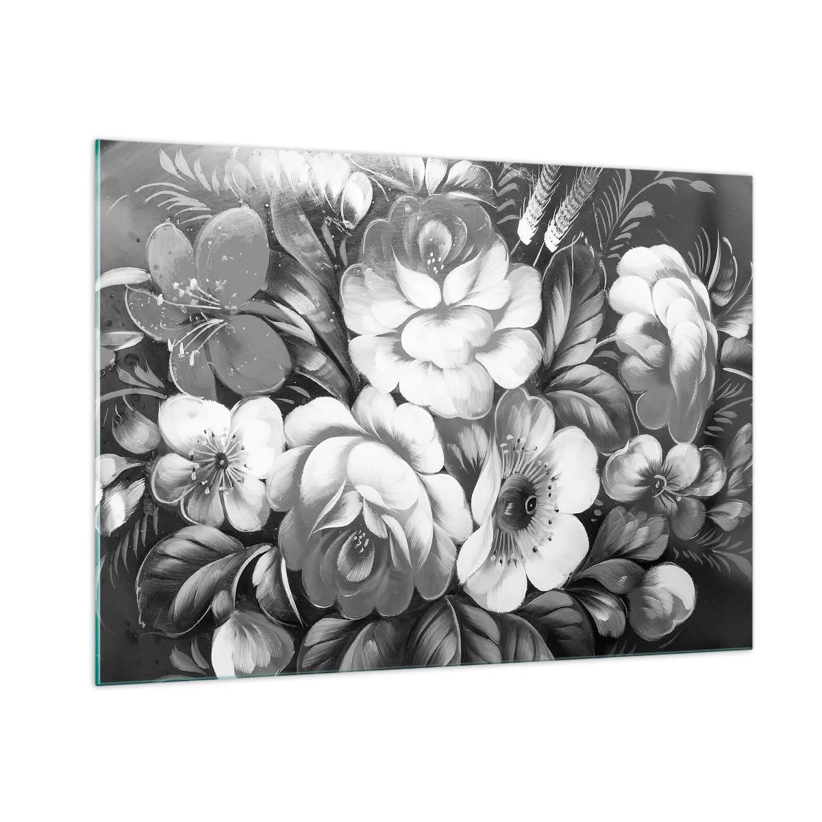 Glasbild - Bild auf glas - Ein eleganter Blumenstrauß in Grautönen - 100x70cm - Schön auch in Grau - Moderne Wanddekoration für Wohnzimmer und Schlafzimmer ARTTOR
