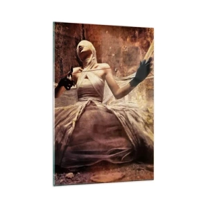 Glasbild - Bild auf glas - Eine Frau in einem Kleid mit bedecktem Gesicht und einer Schere in den Händen - 80x120cm - Göttin des Schicksals - Moderne Wanddekoration für Wohnzimmer und Schlafzimmer ARTTOR