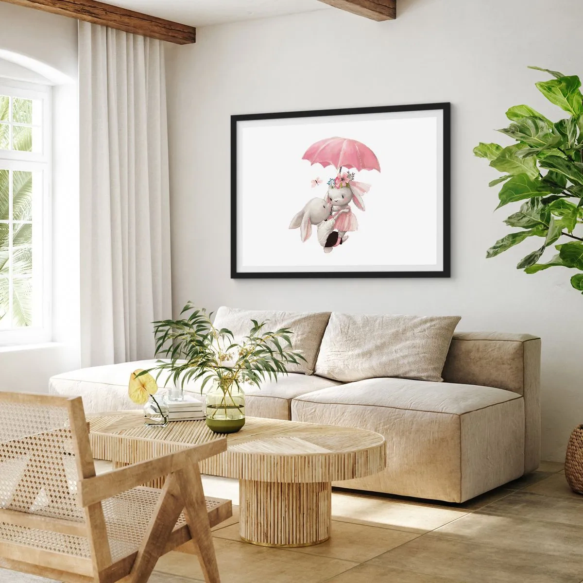 Poster in einem schwarzem Rahmen - Süße Häschen unter einem rosa Regenschirm - 70x50cm - Das ist eben Liebe - Moderne Wanddekoration für Wohnzimmer und Schlafzimmer ARTTOR