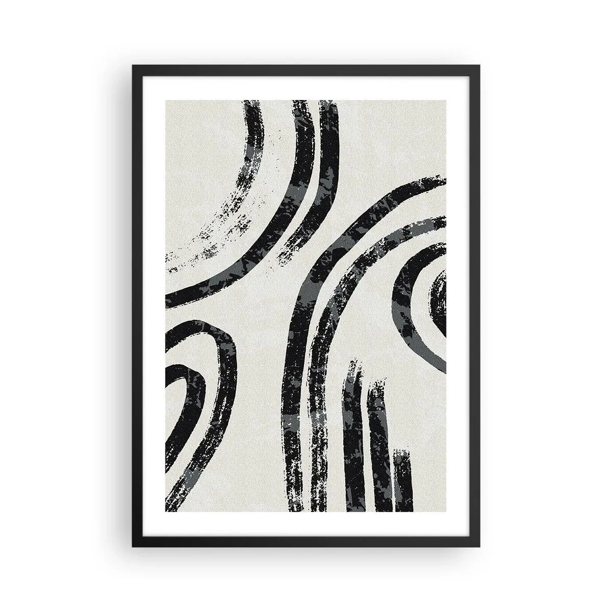 Poster in einem schwarzem Rahmen - Abstrakte schwarze Linien auf hellem Hintergrund - 50x70cm - Bei Hälfte angehalten - Moderne Wanddekoration für Wohnzimmer und Schlafzimmer ARTTOR