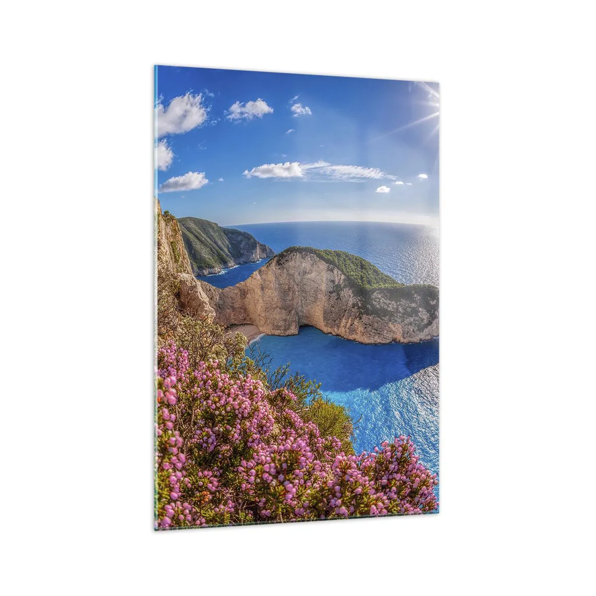 Glasbild - Bild auf glas - Eine Klippe mit Blumen, ein türkisfarbenes Meer und eine sonnige griechische Landschaft - 70x100cm - Mein toller Griechenlandurlaub - Moderne Wanddekoration für Wohnzimmer und Schlafzimmer ARTTOR