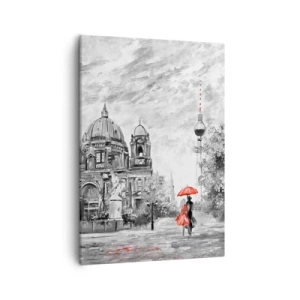 Bild auf Leinwand - Leinwandbild - Schwarz-Weiß-Szene mit Berlin, einem roten Regenschirm und einem Baum - 50x70cm - Berliner Treffen - Moderne Wanddekoration für Wohnzimmer und Schlafzimmer ARTTOR