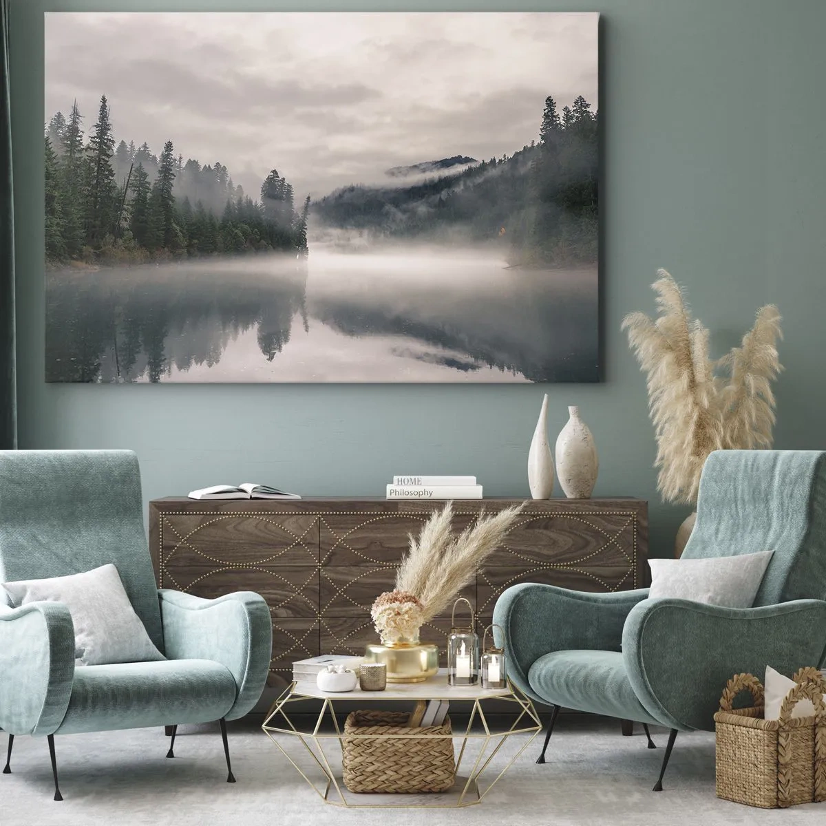 Bild auf Leinwand - Leinwandbild - Ein nebliger Wald spiegelt sich in einem ruhigen See - 120x80cm - In Reflexion, im Nebel - Moderne Wanddekoration für Wohnzimmer und Schlafzimmer ARTTOR