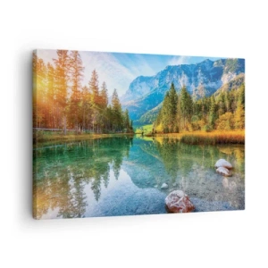 Bild auf Leinwand - Leinwandbild - Ein malerischer See, umgeben von Bergen und Wäldern - 70x50cm - Die Sanftheit des Herbstes - Moderne Wanddekoration für Wohnzimmer und Schlafzimmer ARTTOR