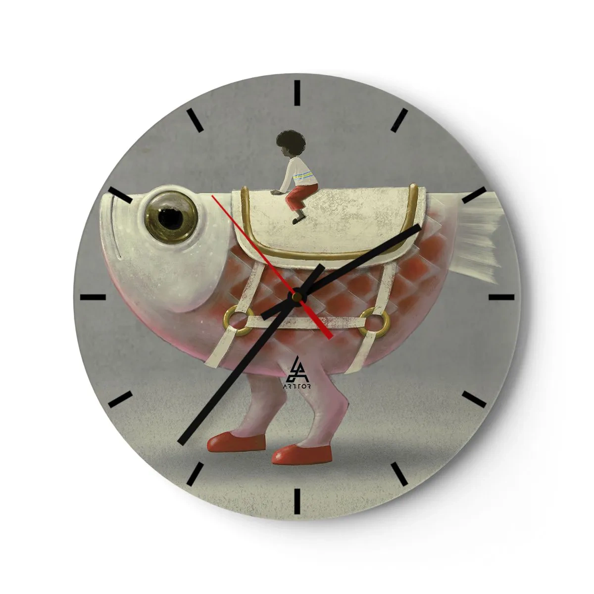 Wanduhr - Glasuhr - Eine Figur auf einem großen Fisch mit Sattel und Stiefeln auf grauem Hintergrund - 30x30cm - Reiter auf einem surrealen Fisch - Moderne Wanddekoration für Wohnzimmer, Küche und Schlafzimmer ARTTOR