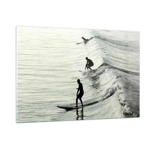Glasbild - Bild auf glas - Drei Surfer reiten morgens auf den Wellen - 120x80cm - Gegen die Welle - Moderne Wanddekoration für Wohnzimmer und Schlafzimmer ARTTOR