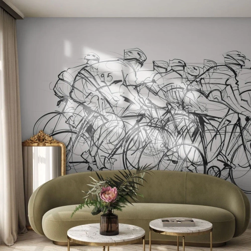 Fototapete Premium Sand - Skizze von Radfahrern bei einem Rennen vor hellem Hintergrund - 100x70cm - Gemeinsam als Team - Moderne Wanddekoration für Wohnzimmer und Schlafzimmer ARTTOR