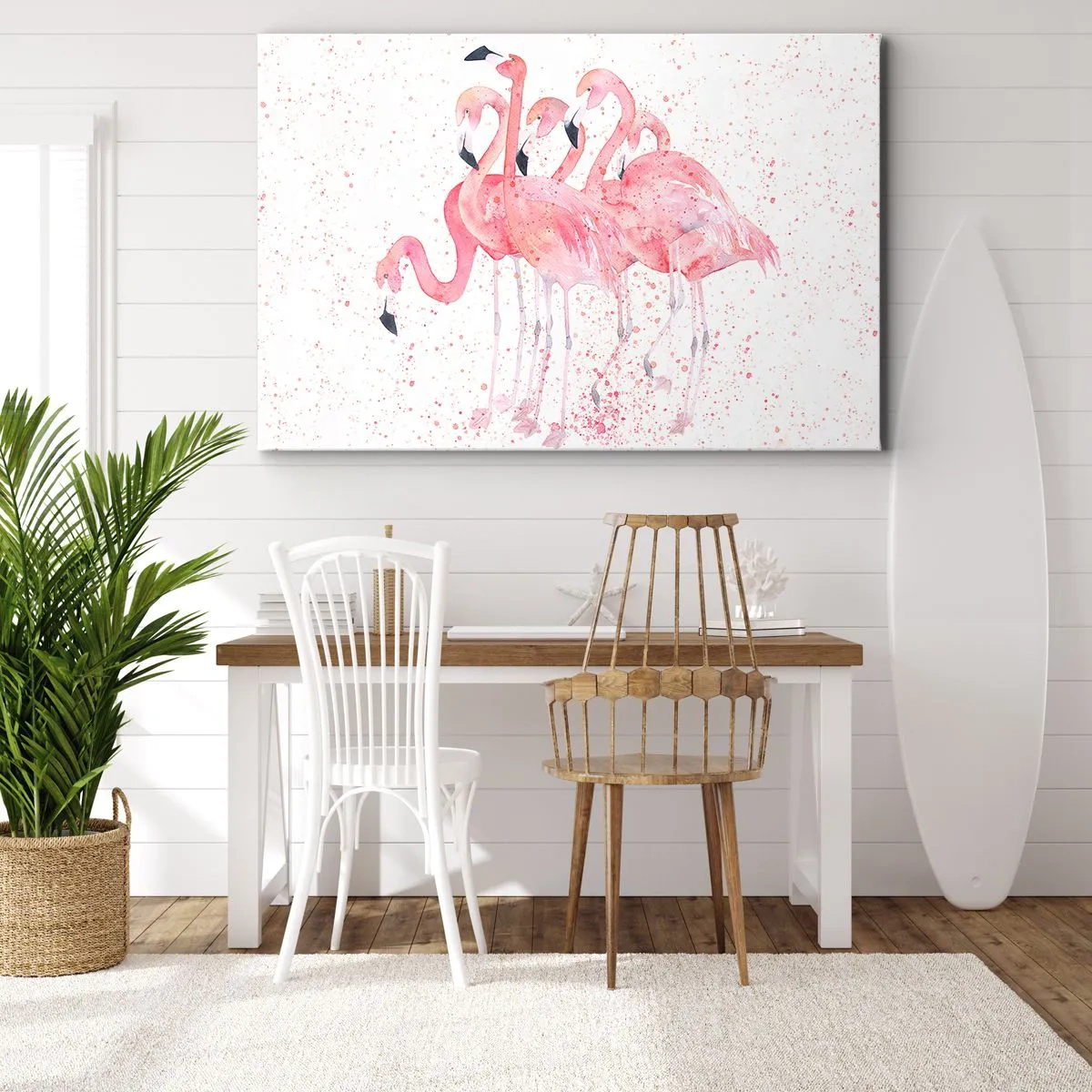 Bild auf Leinwand - Leinwandbild - Rosa Flamingos im künstlerischen Aquarellstil - 120x80cm - Rosa Ensemble - Moderne Wanddekoration für Wohnzimmer und Schlafzimmer ARTTOR