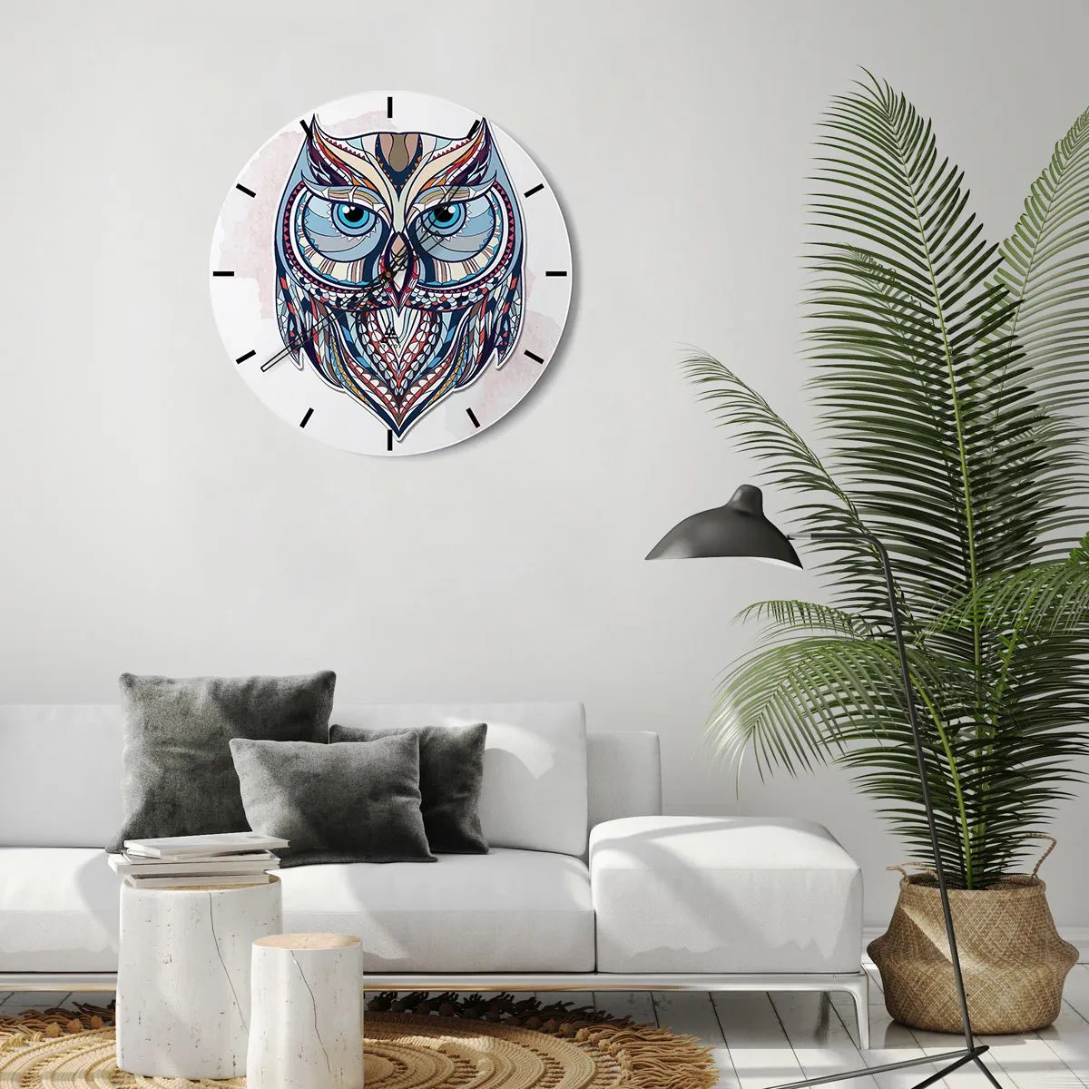 Wanduhr - Glasuhr - Bunte Eule im geometrischen Stil auf weißem Hintergrund - 30x30cm - Aufwendige Ziereule - Moderne Wanddekoration für Wohnzimmer, Küche und Schlafzimmer ARTTOR