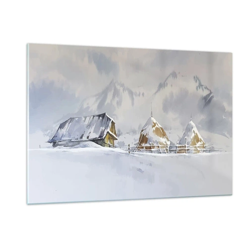 Glasbild - Bild auf glas - Winterlandschaft mit Hütte und Heuhaufen in den Bergen - 120x80cm - In einem verschneiten Talkessel - Moderne Wanddekoration für Wohnzimmer und Schlafzimmer ARTTOR
