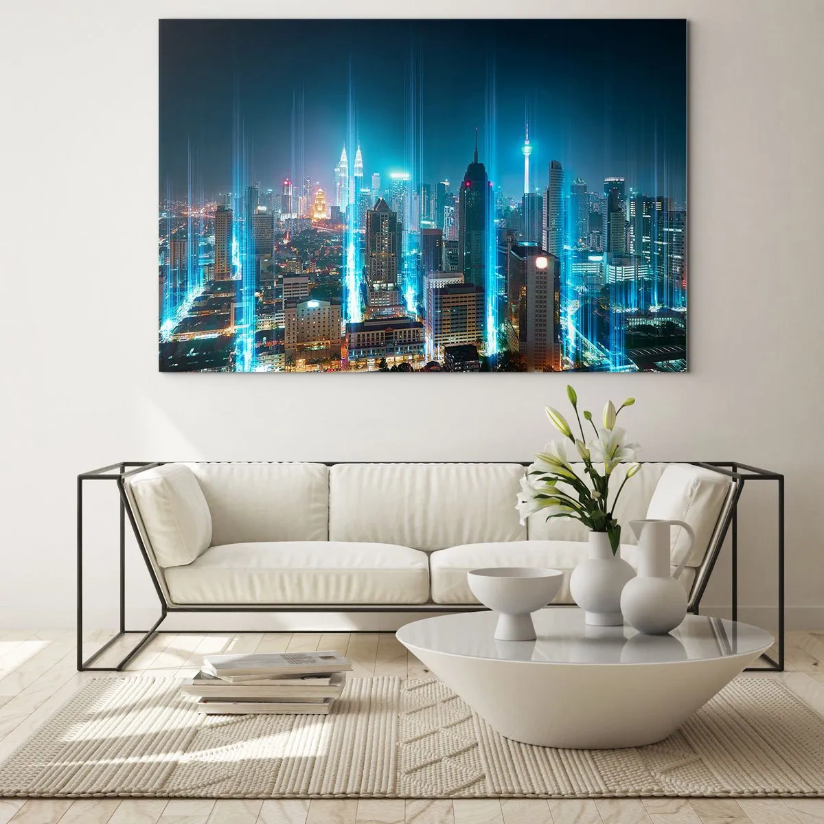 Glasbild - Bild auf glas - Eine nächtliche Stadt mit hohen Gebäuden und Lichtstreifen - 70x50cm - Auf Berliner Art gegen den Himmel - Moderne Wanddekoration für Wohnzimmer und Schlafzimmer ARTTOR