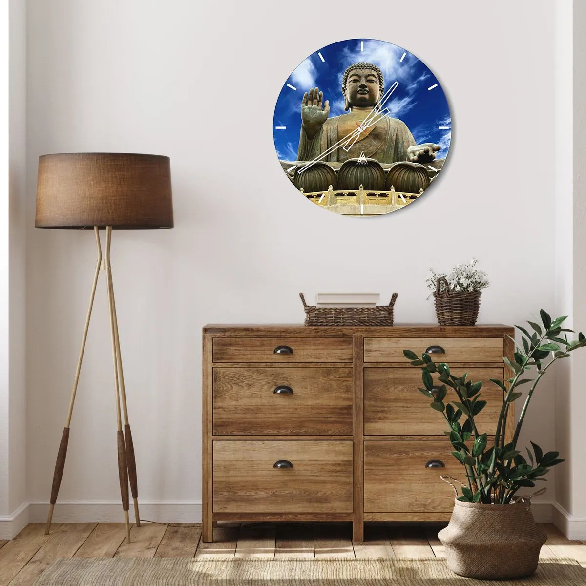 Wanduhr - Glasuhr - Eine monumentale Buddha-Statue vor dem blauen Himmel - 30x30cm - Leben ohne Angst - Moderne Wanddekoration für Wohnzimmer, Küche und Schlafzimmer ARTTOR