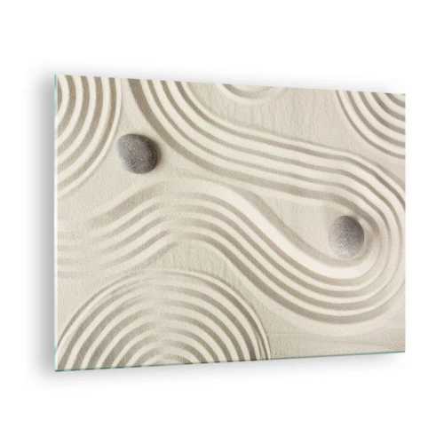 Glasbild - Bild auf glas - Minimalistischer Sand mit Steinen und geometrischen Mustern - 70x50cm - Ein Hauch von Wärme - Moderne Wanddekoration für Wohnzimmer und Schlafzimmer ARTTOR