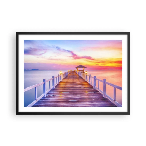Poster in einem schwarzem Rahmen - Ein Pier über dem Wasser bei Sonnenuntergang in Pastellfarben - 70x50cm - Die lila-goldene Stille des Abends - Moderne Wanddekoration für Wohnzimmer und Schlafzimmer ARTTOR