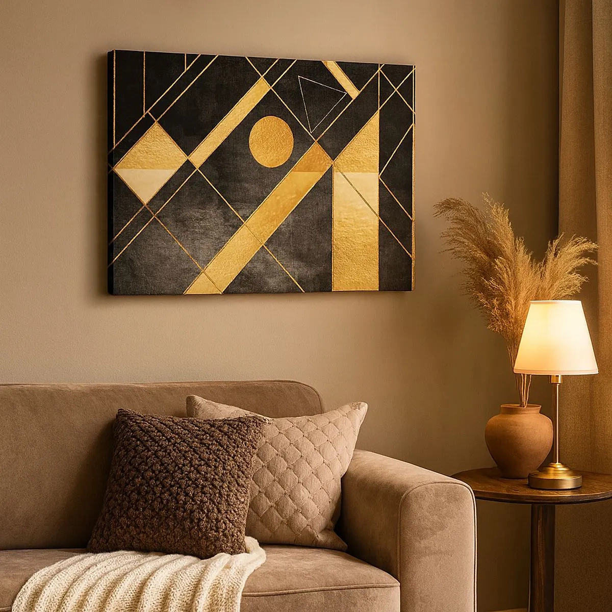 Bild auf Leinwand - Leinwandbild - Geometrische Formen in Gold- und Schwarztönen - 70x50cm - Die Sonne der Wüste - Moderne Wanddekoration für Wohnzimmer und Schlafzimmer ARTTOR