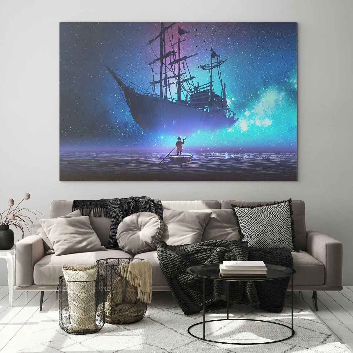 Glasbild - Bild auf glas - Ein Nachtschiff, das in einer magischen Aura über dem Wasser schwebt - 120x80cm - Begegnung mit dem Mythos des Meeres - Moderne Wanddekoration für Wohnzimmer und Schlafzimmer ARTTOR
