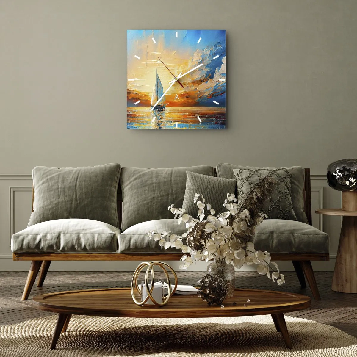 Wanduhr - Glasuhr - In Gold segeln - 40x40 cm