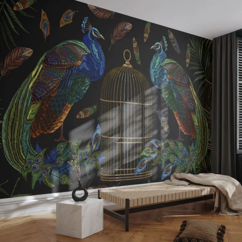 Fototapete Premium Sand - In königlichen Gewändern - Abstraktion, Pfau, Pfauenfeder - 350x256 cm