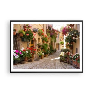 Poster in einem schwarzem Rahmen - Eine Straße mit Topfblumen und Steinmauern - 100x70cm - In der Flut Blumen - Moderne Wanddekoration für Wohnzimmer und Schlafzimmer ARTTOR
