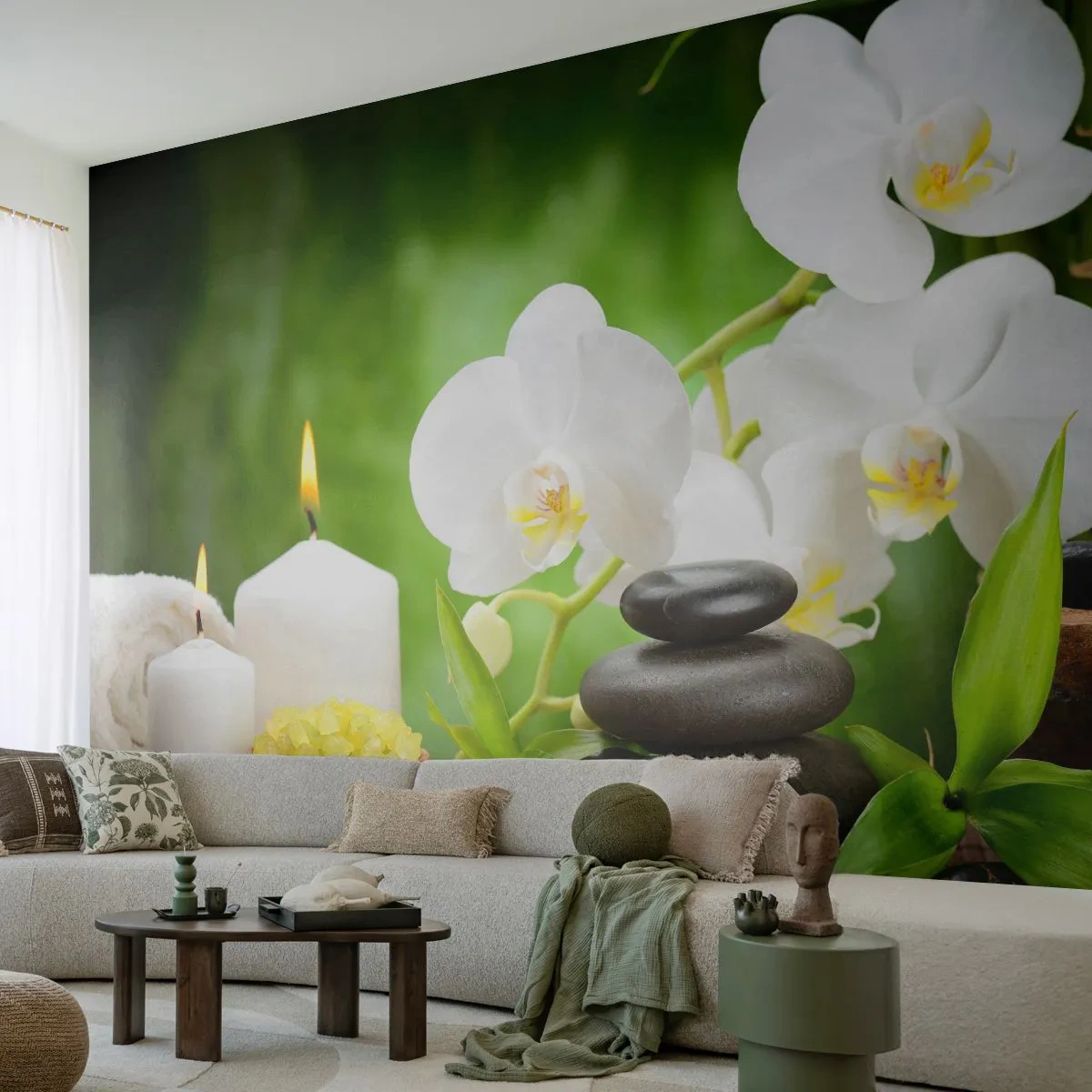 Fototapete Premium Sand - Spa mit weißen Orchideen, Kerzen und Entspannungssteinen - 100x70cm - Duftige, blumige, zarte Berührung - Moderne Wanddekoration für Wohnzimmer und Schlafzimmer ARTTOR