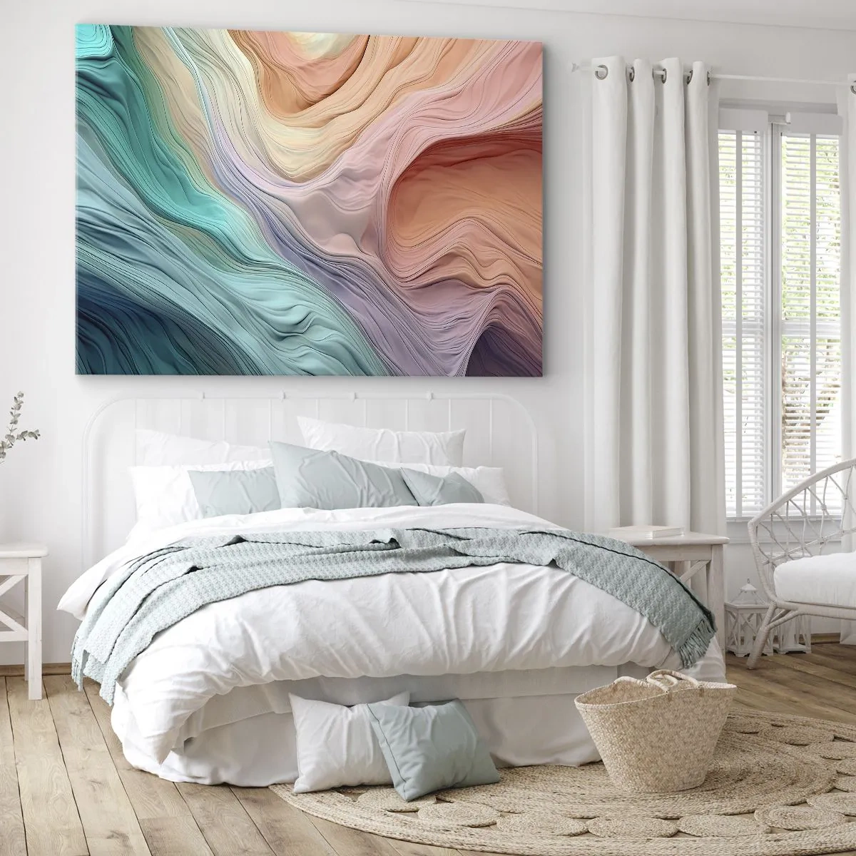 Bild auf Leinwand - Leinwandbild - Abstrakte Wellen in Pastell- und Regenbogenfarben - 100x70cm - Regenbogenwelle - Moderne Wanddekoration für Wohnzimmer und Schlafzimmer ARTTOR