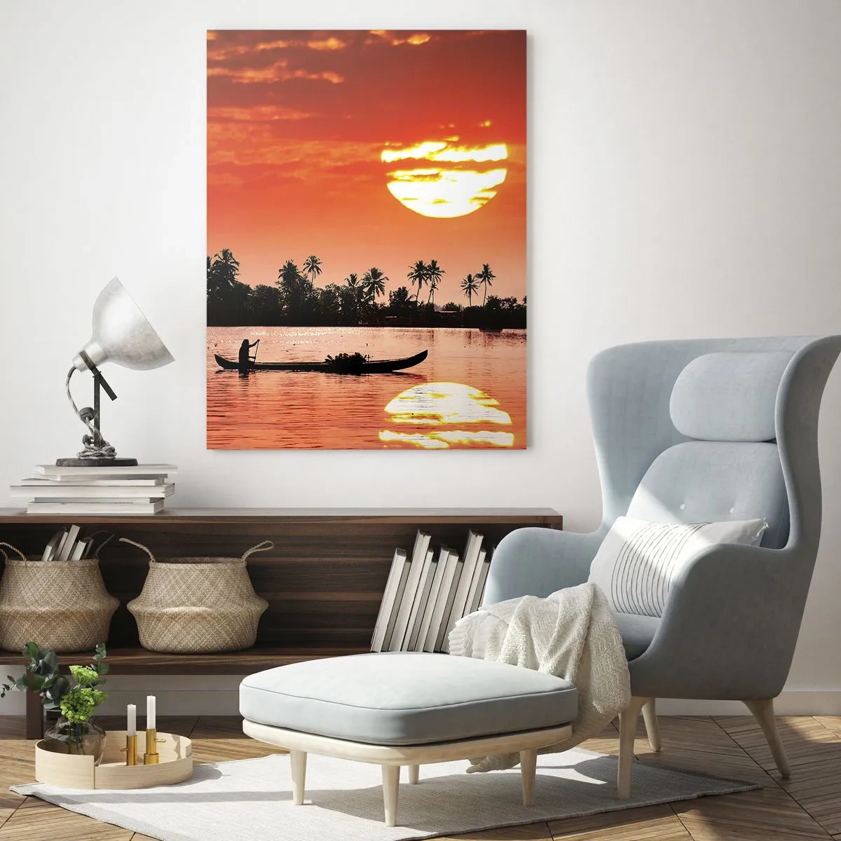 Glasbild - Bild auf glas - Tropischer Sonnenuntergang mit einem Boot und Palmen im Hintergrund - 80x120cm - Die Ruhe der Tropen bei Sonnenuntergang - Moderne Wanddekoration für Wohnzimmer und Schlafzimmer ARTTOR
