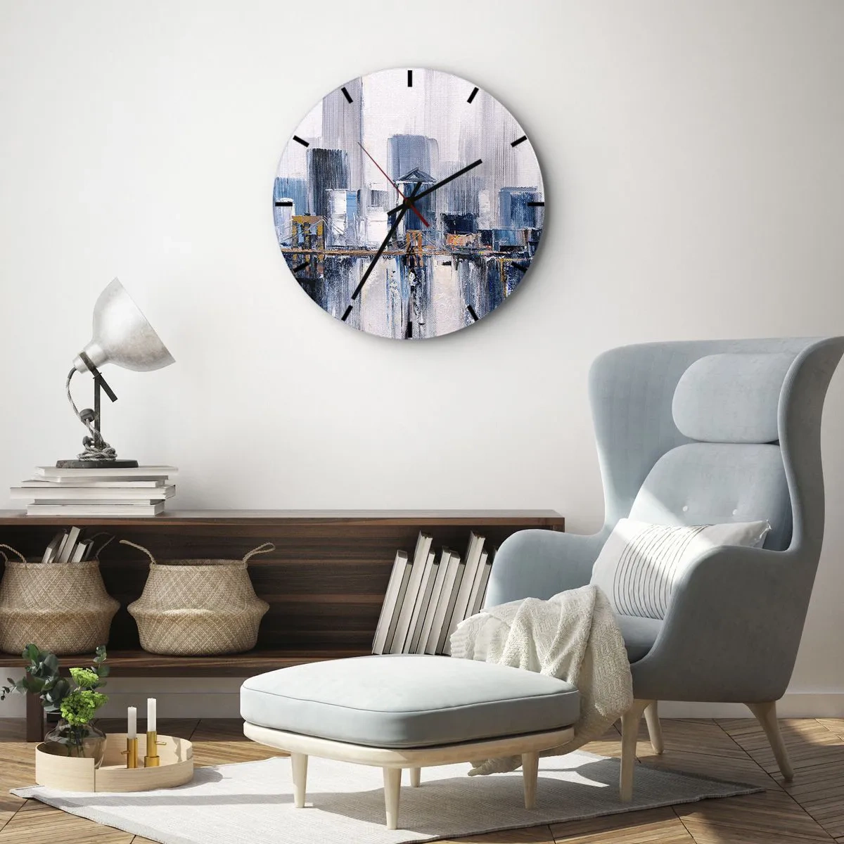 Wanduhr - Glasuhr - Impressionistisches Stadtpanorama mit Wolkenkratzern und einer Brücke - 30x30cm - New Yorker Eindruck - Moderne Wanddekoration für Wohnzimmer, Küche und Schlafzimmer ARTTOR