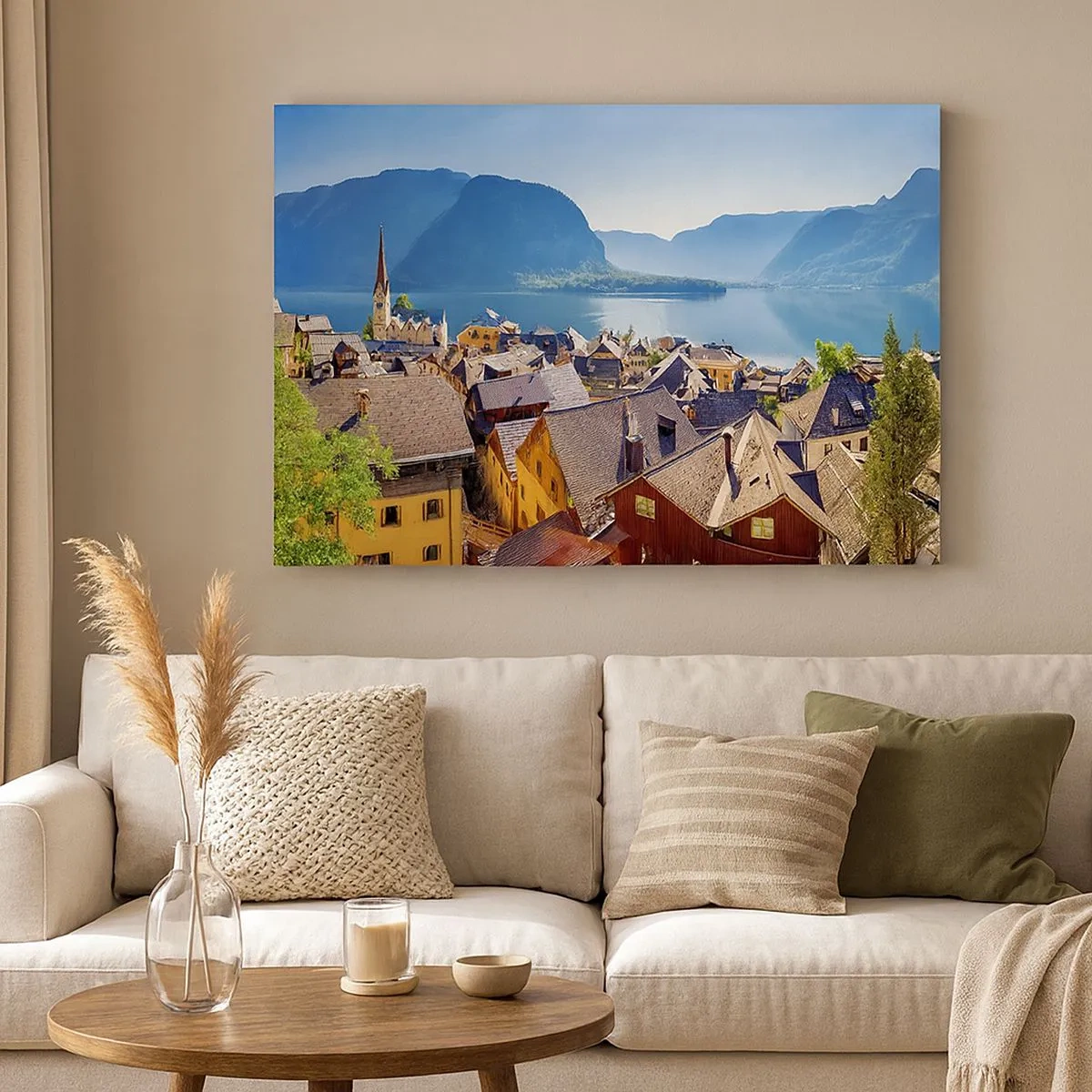 Bild auf Leinwand - Leinwandbild - Ein malerisches Dorf an einem See, umgeben von Bergen an einem sonnigen Tag - 70x50cm - Es könnte nicht malerischer sein - Moderne Wanddekoration für Wohnzimmer und Schlafzimmer ARTTOR